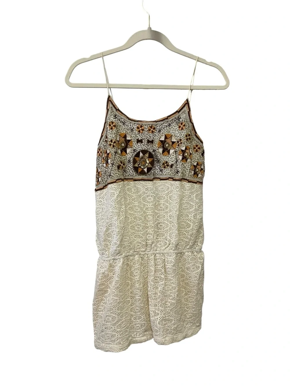 RAGA Cream Lace Beaded Spaghetti-Strap Romper